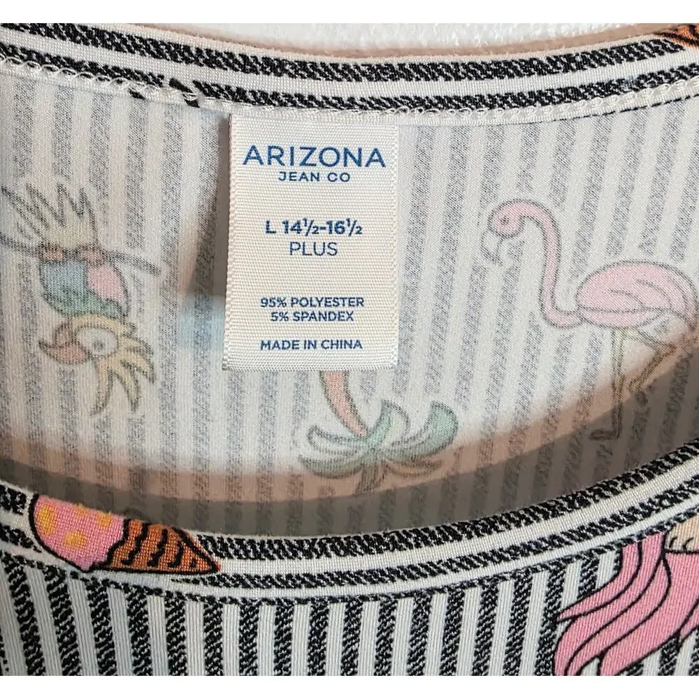 Arizona Cold Shoulder Dress Girl's Plus Size L Gray/White Stripes Tropical Print